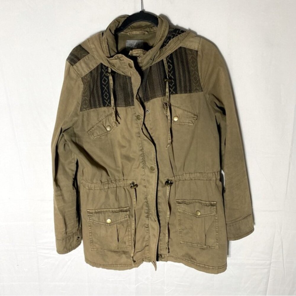 Kismet Tan With Black Southwestern Print Trim Utility Jacket L